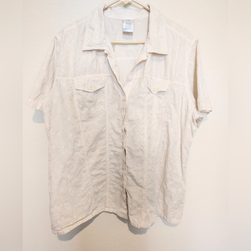 Just My Size Eyelet Short Sleeve Button-Up Shirt 100% Cotton